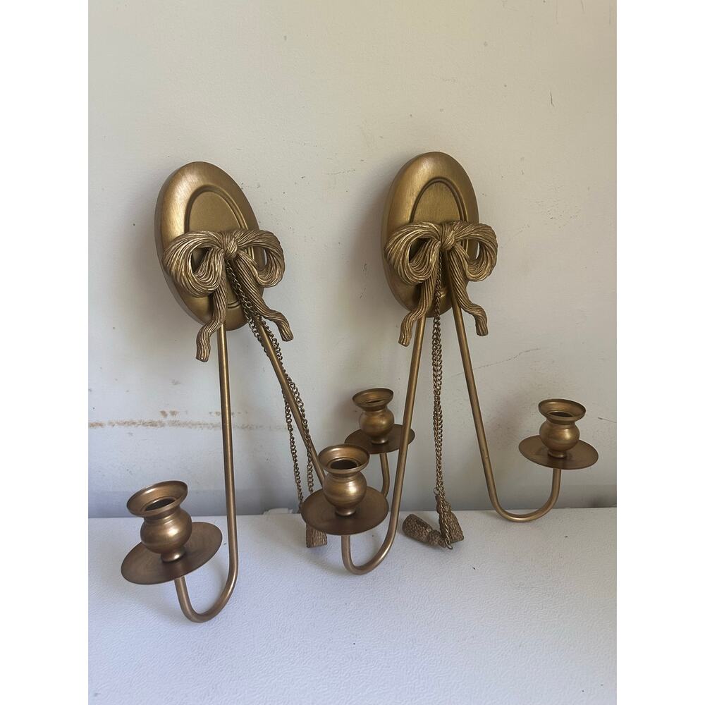 Antique French Style Wall Sconces gold Dual Candle Holders with Bow Tassel set 2